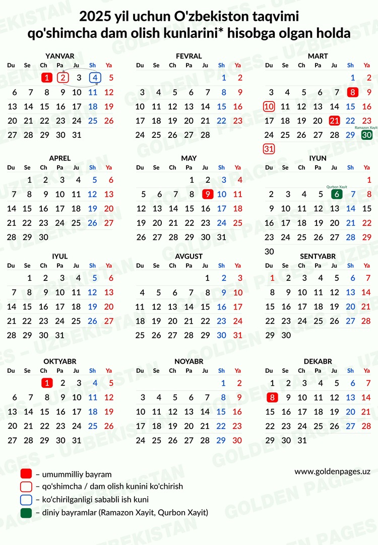 2025 O'zbekiston kalendari 2025 O'zbekiston kalendari