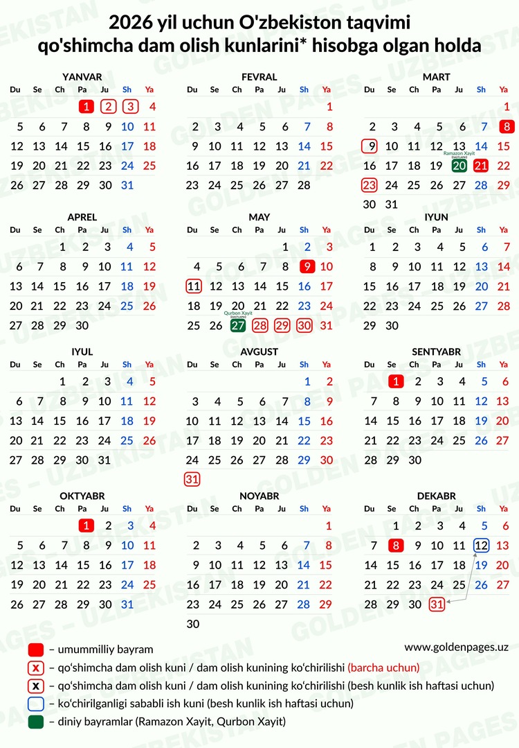 2026 O'zbekiston kalendari 2026 O'zbekiston kalendari