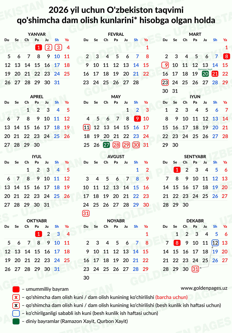 2026 O'zbekiston kalendari